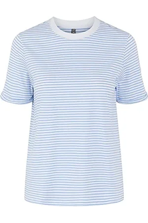 Pieces® Ria Short Folded Sleeve Essential Striped T-Shirt, Jasny biały/paski: niebieski (Vista Blue), XS