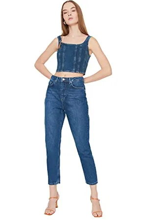Trendyol Lacivert Wash High Stan Mom Jeans Damskie, , 34