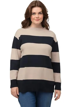 Ulla Popken Damski sweter w paski, stójka, długi rękaw, bawełna ekologiczna, , 42/44
