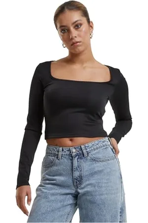 Urban classics Damska koszulka z długim rękawem z brokatem, kwadratowa koszulka z długim rękawem, z brokatem i kwadratowym dekoltem, krój slim fit, , S
