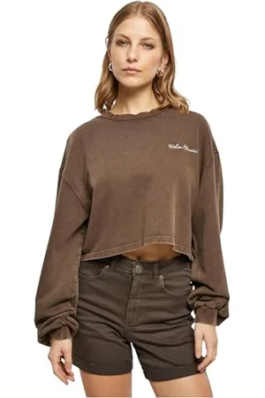 Urban classics Damska bluza damska Cropped Small Embroidery Terry Crewneck, brązowy, XL