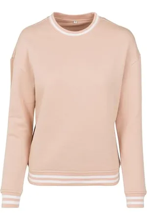 Build Your Brand Damska bluza damska College Crew, sweter damski z paskami na mankietach, dostępny w 2 kolorach, rozmiary XS-5XL, jasnoróżowy/biały, 5XL