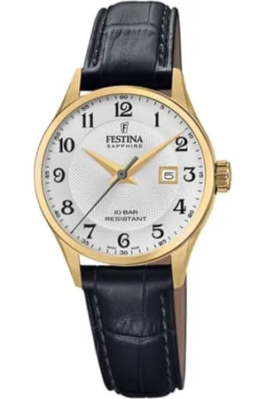 Festina F20011/5 Zegarek damski Swiss Made Złoty Skórzany pasek ze stali nierdzewnej Czarny, , Klasyczny