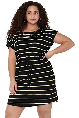 ONLY Damska sukienka Carapril Ss Knee Dress JRS Noos, czarna/paski: żółte i białe paski, L-50/52