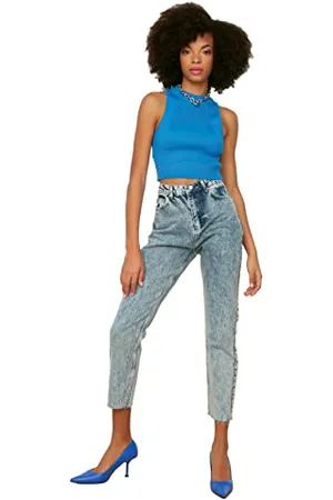 Trendyol Light Blue High Waist Mom Jeans Kobiety, , 30