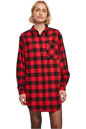 Urban classics Damska sukienka oversize z kołnierzem flanelowym Casual Dress, czarno-czerwona, S, , S