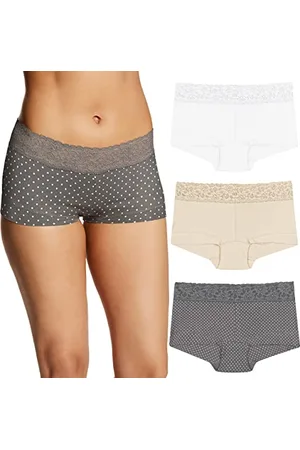 Maidenform Damskie majtki, Dream Lace Boyshorts, bawełniane majtki dla kobiet, 3-pak, chłopięce, białe, latte/szare w kropki, XL, Biały/latte/szary w kropki, XL