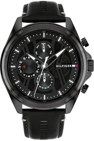 Tommy Hilfiger Analogowy wielofunkcyjny zegarek kwarcowy dla mężczyzn z czarnym skórzanym paskiem - 1710654