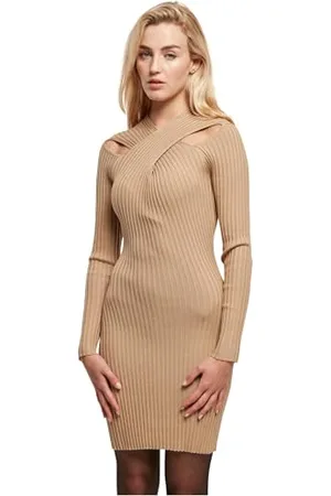Urban classics Damska sukienka z dzianiny krzyżowej z prążkami, krótka sukienka czarna basics, streetwear, Union Beige, M