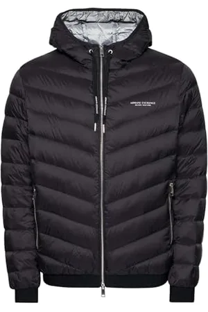 Armani Exchange Męska pikowana kurtka z kapturem i zamkiem błyskawicznym, logo Milano/New York, Czarny/szary melanż B, XL
