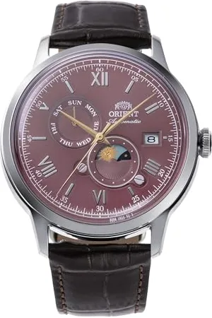 Orient Dziecko Sun & Moon męski automatyczny zegarek mechaniczny klasyczny brązowy skórzany pasek ze stali nierdzewnej koperta analogowa czerwona tarcza - RA-AK0807R, , Klasyczny
