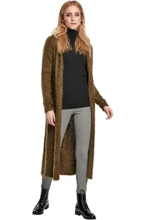 Urban classics Damski kardigan z kapturem, z piórami, do kolan, w 5 kolorach, rozmiary XS-5XL, , XS