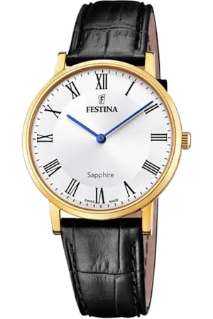 Festina Zegarek męski F20016/4 Swiss Made Gold stal szlachetna Case czarny skórzany pasek, , Pasek