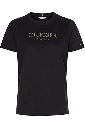 Tommy Hilfiger REG FOIL Hilfiger C-NK SS S/S dzianinowe topy, czarne, XXS