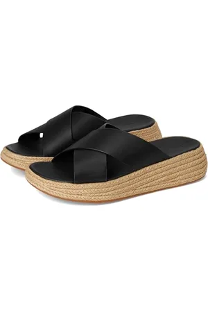 FitFlop Damskie sandały w stylu F Espadryle, skórzane, płaskie krzyżowe klapki, czarne, 7 UK, , 41 EU