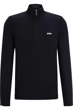 HUGO BOSS Ever-X QZ sweter męski z mieszanki bawełny z kołnierzem Troyer i nadrukiem logo, , L