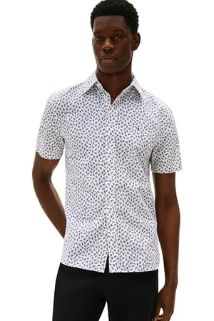 Tommy Hilfiger Męska koszula lniana AOP SS RF MW0MW39469 S/S Shirt, biała (biały/granatowy Preppy), M, Biały (biały/granatowy Preppy), M
