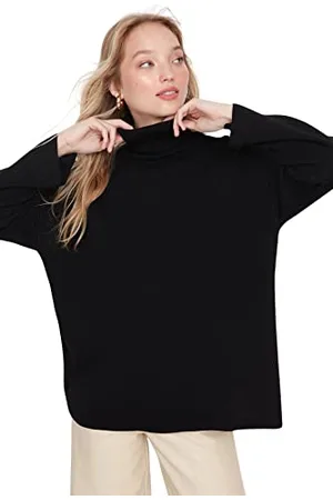 Trendyol Damska bluza z golfem, jednokolorowa, oversize, czarna, L