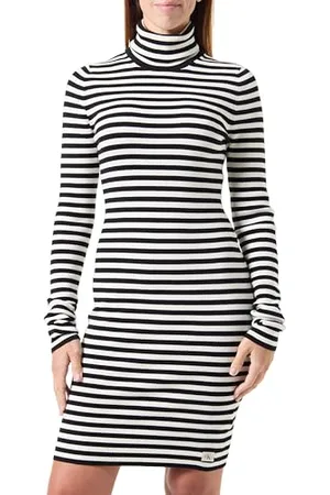Calvin Klein Sukienka sweterkowa damska, Biały (kość słoniowa/czarny pasek), L