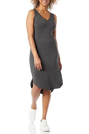 Amazon Damska sukienka midi z dżerseju o regularnym kroju bez rękawów z dekoltem w serek (Previously Daily Ritual), Charcoal Heather, L