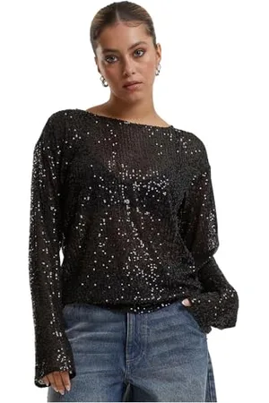 Urban classics Damska koszulka z długim rękawem Ladies Sequins Longsleeve, damska koszulka z długim rękawem z cekinami, regularny krój, rozmiary XS-5XL, , L