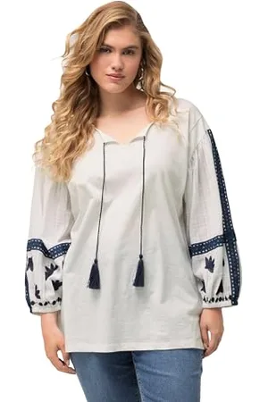 Ulla Popken Bluzka damska, duże rozmiary, plus size, haft, dekolt tunika, długi rękaw, , 54-56