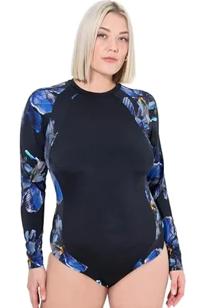 Ulla Popken Damski duży rozmiar, duże rozmiary, plus size, kostium kąpielowy Kati, długi rękaw, niebieski kwiat, , 42