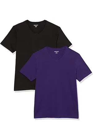 Amazon Męski T-shirt z krótkim rękawem i dekoltem w serek, wąski krój, 2 sztuki, , S