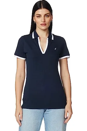 Nautica Damska koszulka polo o klasycznym kroju w paski z dekoltem w serek, elastyczna bawełniana koszulka polo, Navy Seas, M