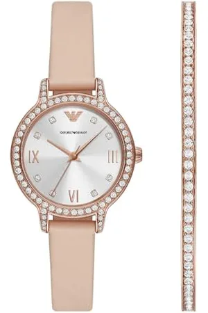 Emporio Armani Damski analogowy zegarek kwarcowy ze skórzanym paskiem AR80069SET, BEŻOWY