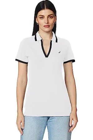Nautica Damska koszulka polo Classic Fit, w paski, dekolt w serek, z rozciągliwym sznurkiem, z bawełny