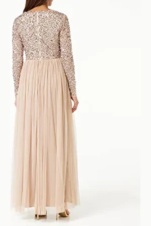 Maya Deluxe Damen damska sukienka maxi z długimi rękawami, dekolt w serek, głęboki cekin, zdobiona dla gości weselnych, druhny, na studniówkę, , 50