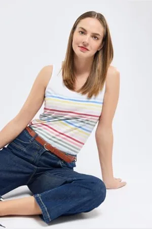 Armor.lux Damska koszula damska Débardeur Rayé 10 Couleurs Col Rond en Coton Léger Femme Cami, Multicol Vein Ruz White, L, , L