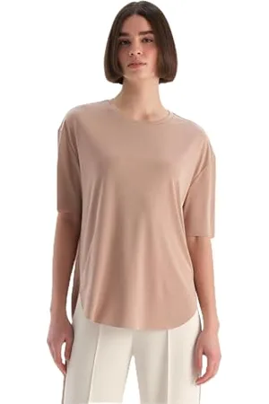 Dagi Light Brown Fashion Knitted Oversize Modal Short Sleeve Boat Neck T-Shirt, Light Brown, S, , S
