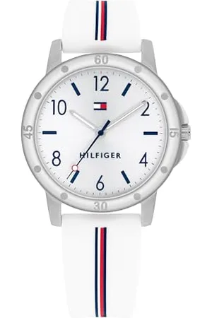 Tommy Hilfiger Zegarek dziewczęcy – srebrna tarcza, biały i różowy silikonowy pasek, obudowa w złotym odcieniu 32 mm, kwarcowa, wodoodporna, , pasek