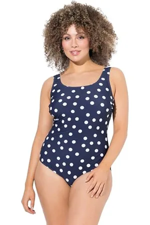 Ulla Popken Damski duży rozmiar, duże rozmiary, plus size, kostium kąpielowy, w kropki, bez miękkich miseczek, okrągły dekolt, , 54-56
