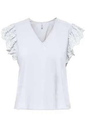 ONLY Onllou Life Emb S/S Frill Top WVN, , L