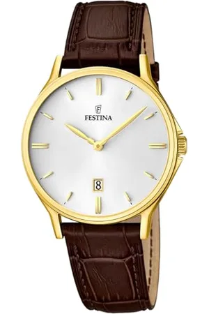 Festina Męski zegarek kwarcowy z białym wyświetlaczem analogowym i brązowym skórzanym paskiem F16747/1, , pasek