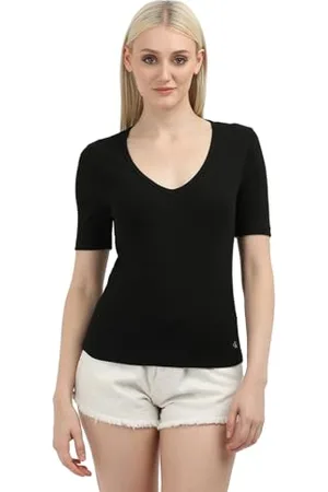 Calvin Klein Jeans Damska Tkana Etykieta Rib Dekolt W Serek J20J224455, S/S Koszulka, Czarny, XL, , XL