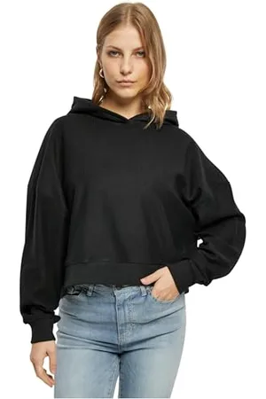 Urban classics Damska bluza z kapturem, oversize, krótka prążkowana, czarna, rozmiar 5XL, , 5XL