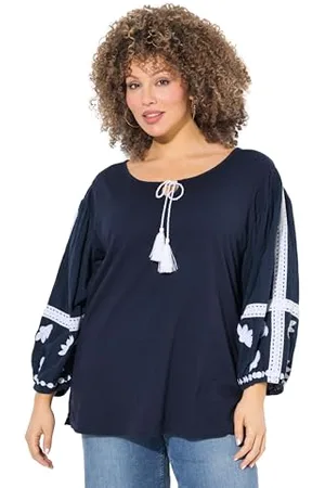 Ulla Popken Bluzka damska, duże rozmiary, plus size, haft, dekolt tunika, długi rękaw, , 50-52