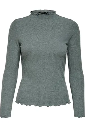 ONLY Women Thin Longsleeve | Ribbed Stand Up Collar Basic Shirt ONLEMMA | Wavy Top, Colours:Green, Size:L