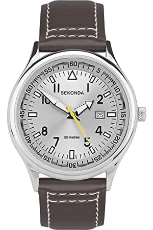 Sekonda Męski zegarek kwarcowy 42 mm w stylu pilota, z analogowym wyświetlaczem daty i skórzanym paskiem, wodoodporny 50 m, , pasek