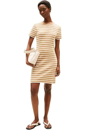 Tommy Hilfiger Damska nowa krótka bawełniana sukienka Cody Slim, Brązowy (Hickory/Ecru Stp), M