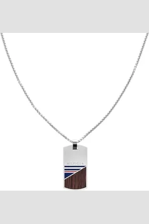 Tommy Hilfiger Herren Halskette mit Dog Tag Anhänger, ausgestattet mit Karabiner, aus Edelstahl hergestellt mit Holzdetail, Maße: Länge: 61 cm, 2790322