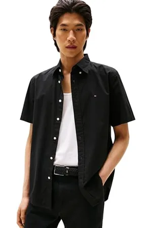 Tommy Hilfiger Męska koszula FLEX POPLIN SOLID S/S MW0MW37584 S/S Shirt, czarna, XXL, , XXL