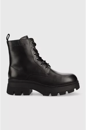 Calvin Klein Workery skórzane Chunky Combat Laceup Boot damskie kolor na płaskim obcasie