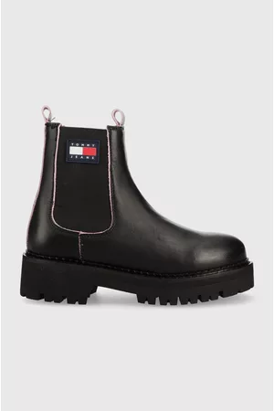 Tommy Hilfiger Sztyblety skórzane Piping Chelsea damskie kolor na płaskim obcasie