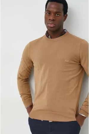HUGO BOSS Sweter bawełniany męski kolor beżowy lekki