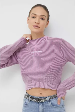 Calvin Klein Sweter bawełniany damski kolor fioletowy z półgolfem